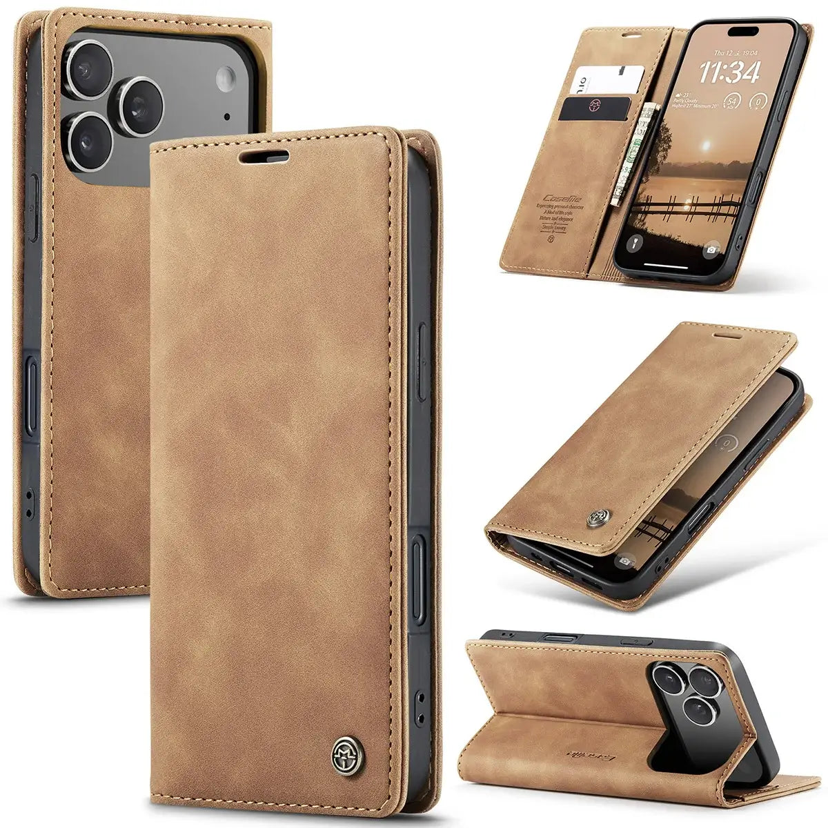 Buy Magnetic Flip Leather Card Wallet Case for iPhone, Kickstand & Drop Protection, BROOKS at Caseles-iPhone 17 Pro Max, BJM-Brown