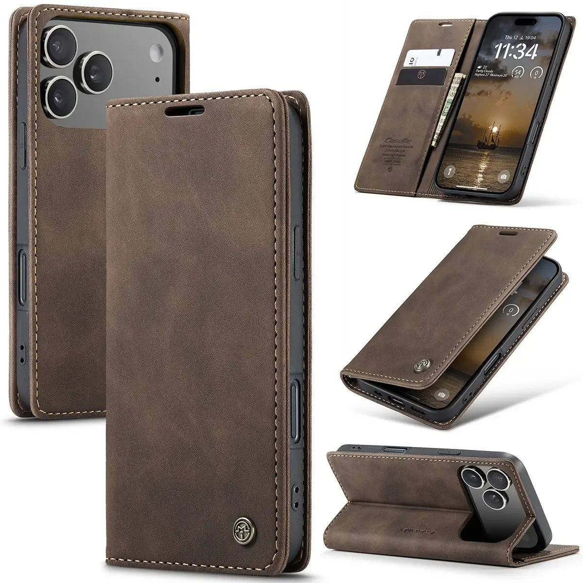 Buy Magnetic Flip Leather Card Wallet Case for iPhone, Kickstand & Drop Protection, BROOKS at Caseles-iPhone 17 Pro Max, BJM-Coffee