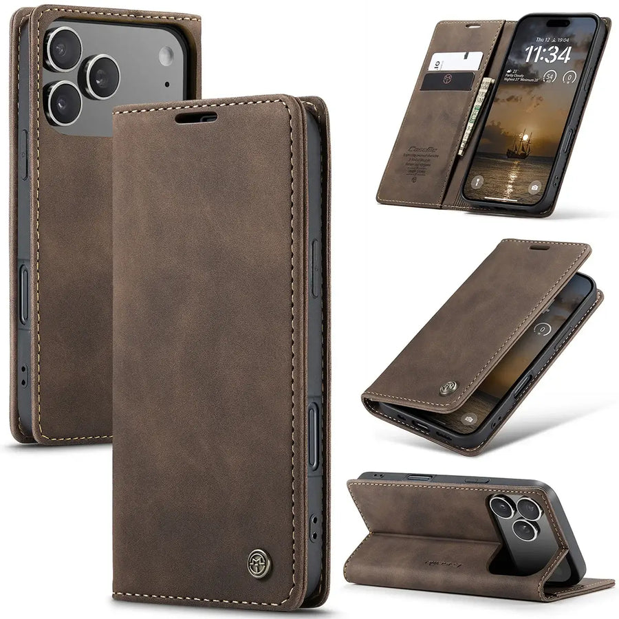 Buy Magnetic Flip Leather Card Wallet Case for iPhone, Kickstand & Drop Protection, BROOKS at Caseles-iPhone 17 Pro Max, BJM-Coffee