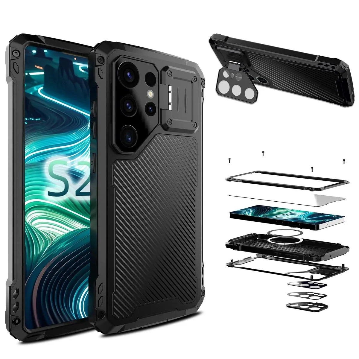 Buy Classic Full Body Metal Armor Phone Case, with Screen Protector, Heavy Duty Defender Shockproof Case - Bulwark at Caseles-Samsung Galaxy S25 Ultra, Black