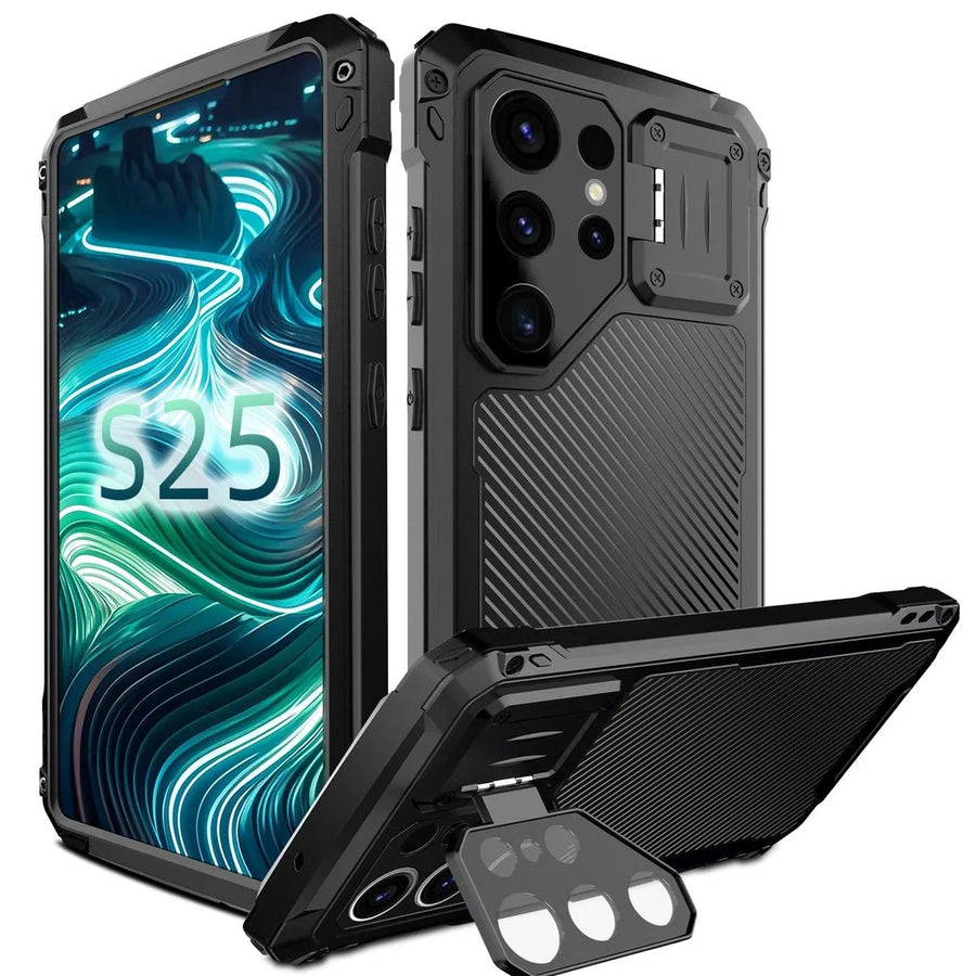 Buy Classic Full Body Metal Armor Phone Case, with Screen Protector, Heavy Duty Defender Shockproof Case - Bulwark at Caseles-Samsung Galaxy S25 Ultra, Black