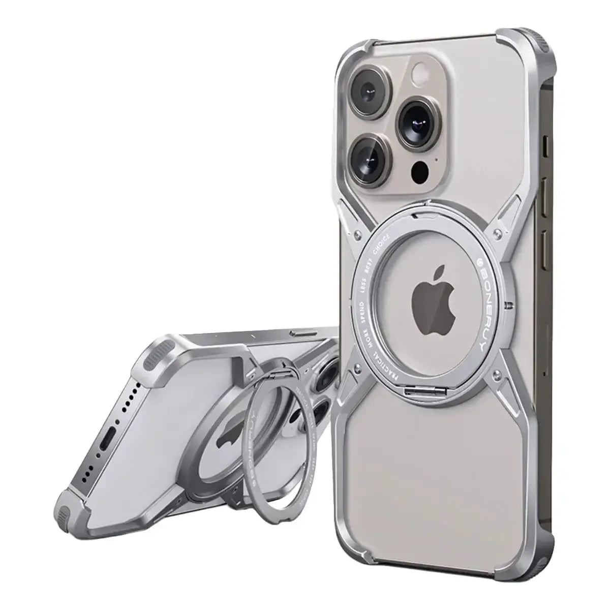 Buy Premium Aluminum Frameless Bumper Case Compatible with iPhone,Cool Design Luxury Metal Shockproof Anti-Scratch Slim Borderless case with Kickstand Magnetic Holder,bumper at Caseles-iPhone 16 Pro Max, Silver