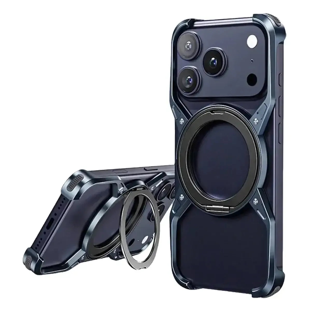 Buy Premium Aluminum Frameless Bumper Case Compatible with iPhone,Cool Design Luxury Metal Shockproof Anti-Scratch Slim Borderless case with Kickstand Magnetic Holder,bumper at Caseles-iPhone 17 Pro Max, Blue