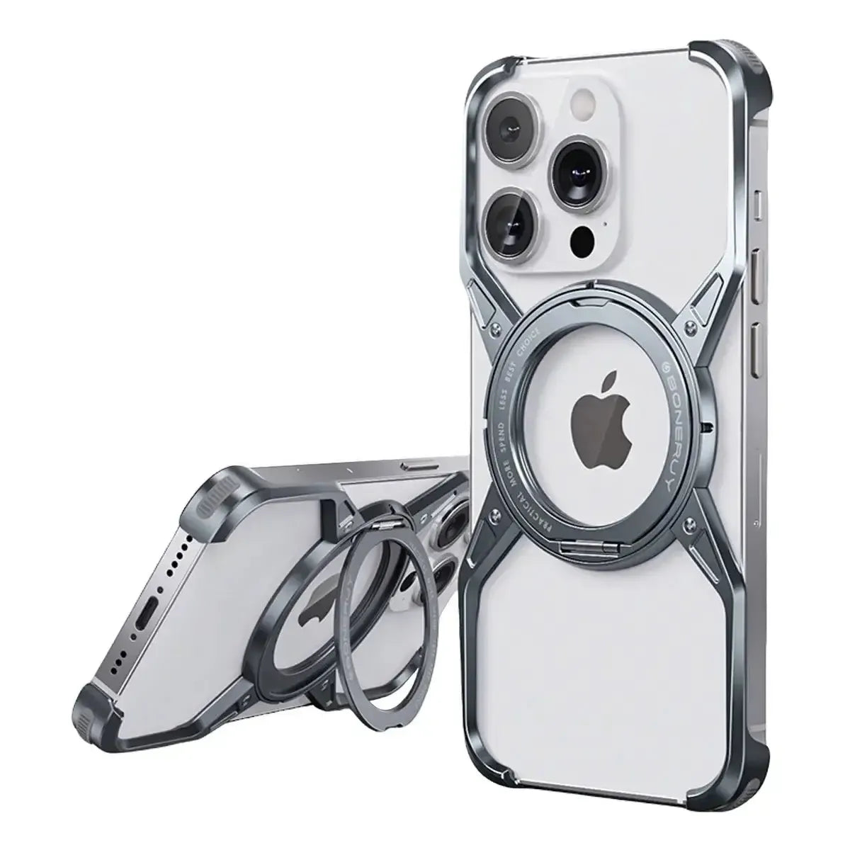 Buy Premium Aluminum Frameless Bumper Case Compatible with iPhone,Cool Design Luxury Metal Shockproof Anti-Scratch Slim Borderless case with Kickstand Magnetic Holder,bumper at Caseles-iPhone 17 Pro Max, Gray