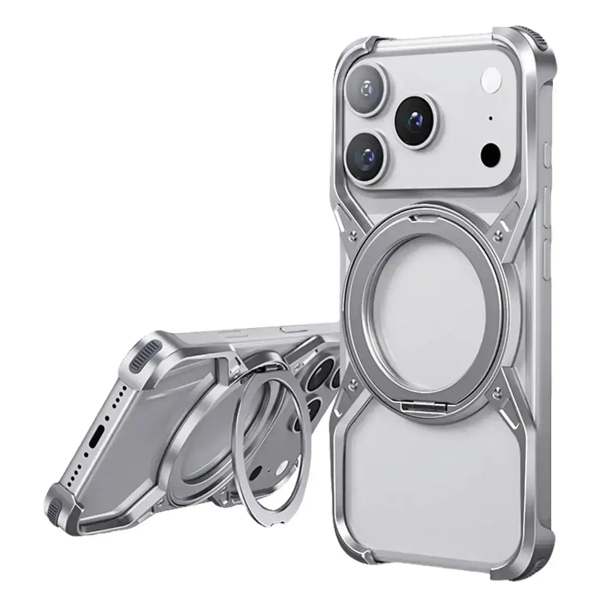 Buy Premium Aluminum Frameless Bumper Case Compatible with iPhone,Cool Design Luxury Metal Shockproof Anti-Scratch Slim Borderless case with Kickstand Magnetic Holder,bumper at Caseles-iPhone 17 Pro Max, Silver