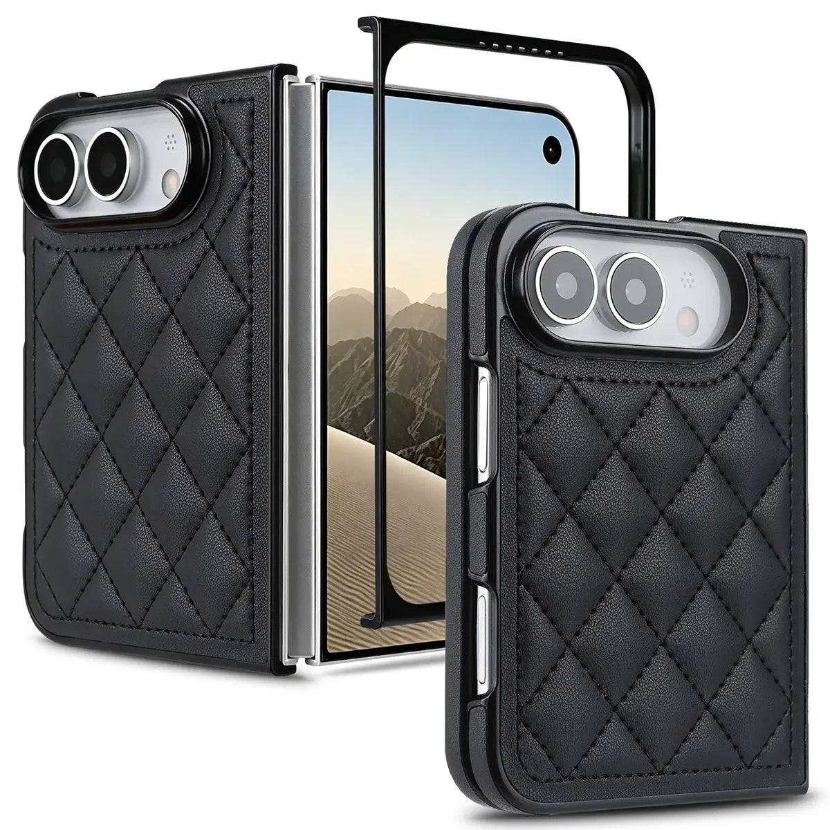 Buy Chic Quilted PU Leather Case with Layered Protection, PC Frame, 2mm Raised Camera Edge & 1.2mm Raised Screen Bezel for iPhone Duo - CALLA at Caseles-iPhone Duo, Black