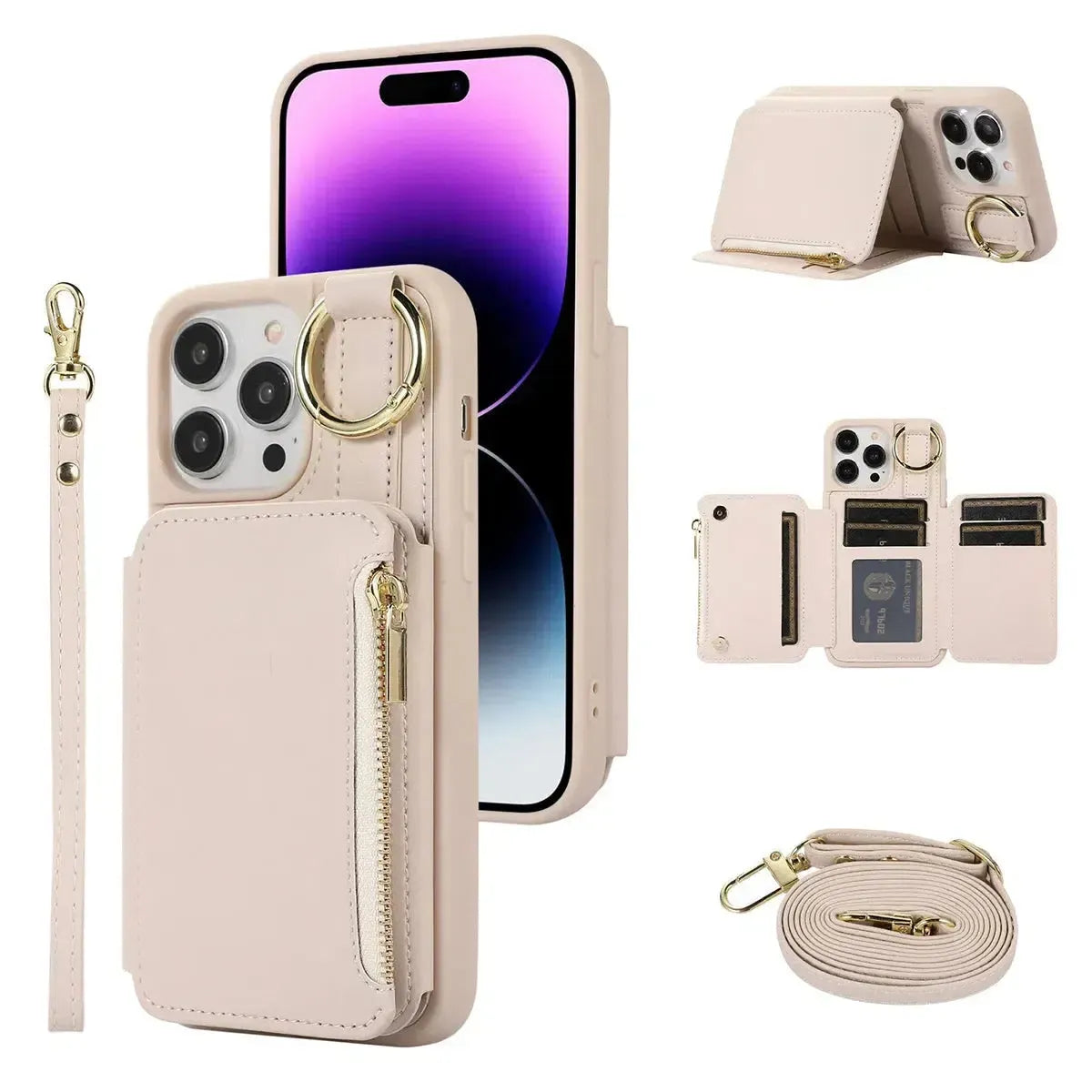 Caseles Wallet Case For Lady with Wrist and Shoulder Strap Card Holder Ring  Stand Flip Zipper Leather 6+ Slots RFID Blocking Phone Cover for iPhone   Caseles