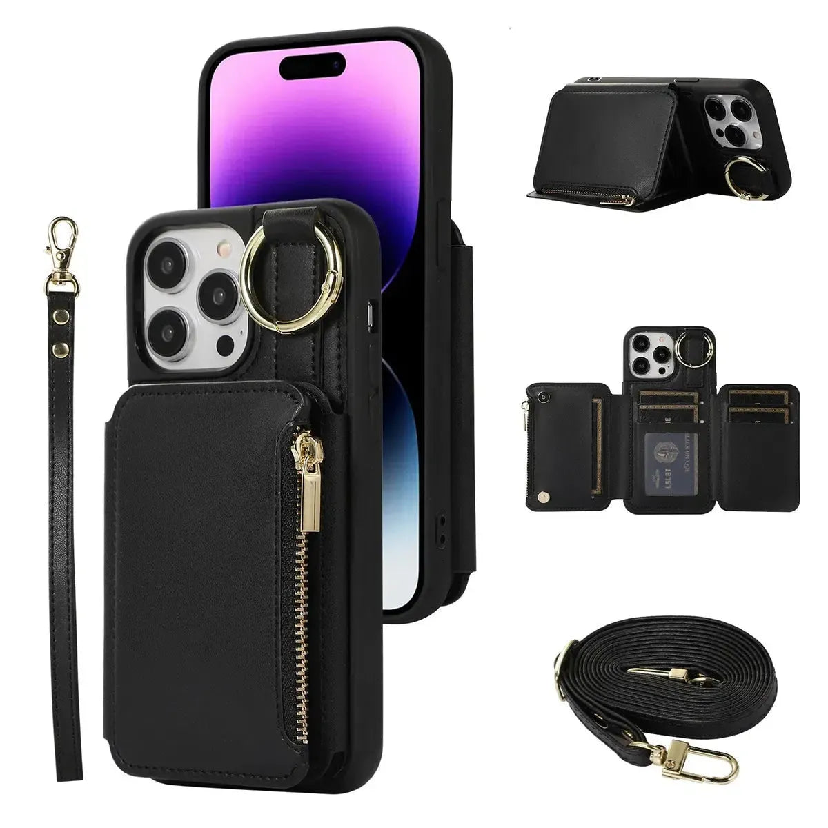 Buy Wallet Case with Wrist and Shoulder Strap Card Holder Ring Stand Flip Zipper Leather 6+ Slots RFID Blocking Phone Cover for iPhone,Charlotte at Caseles-iPhone 17 Pro Max, Charlotte-Black
