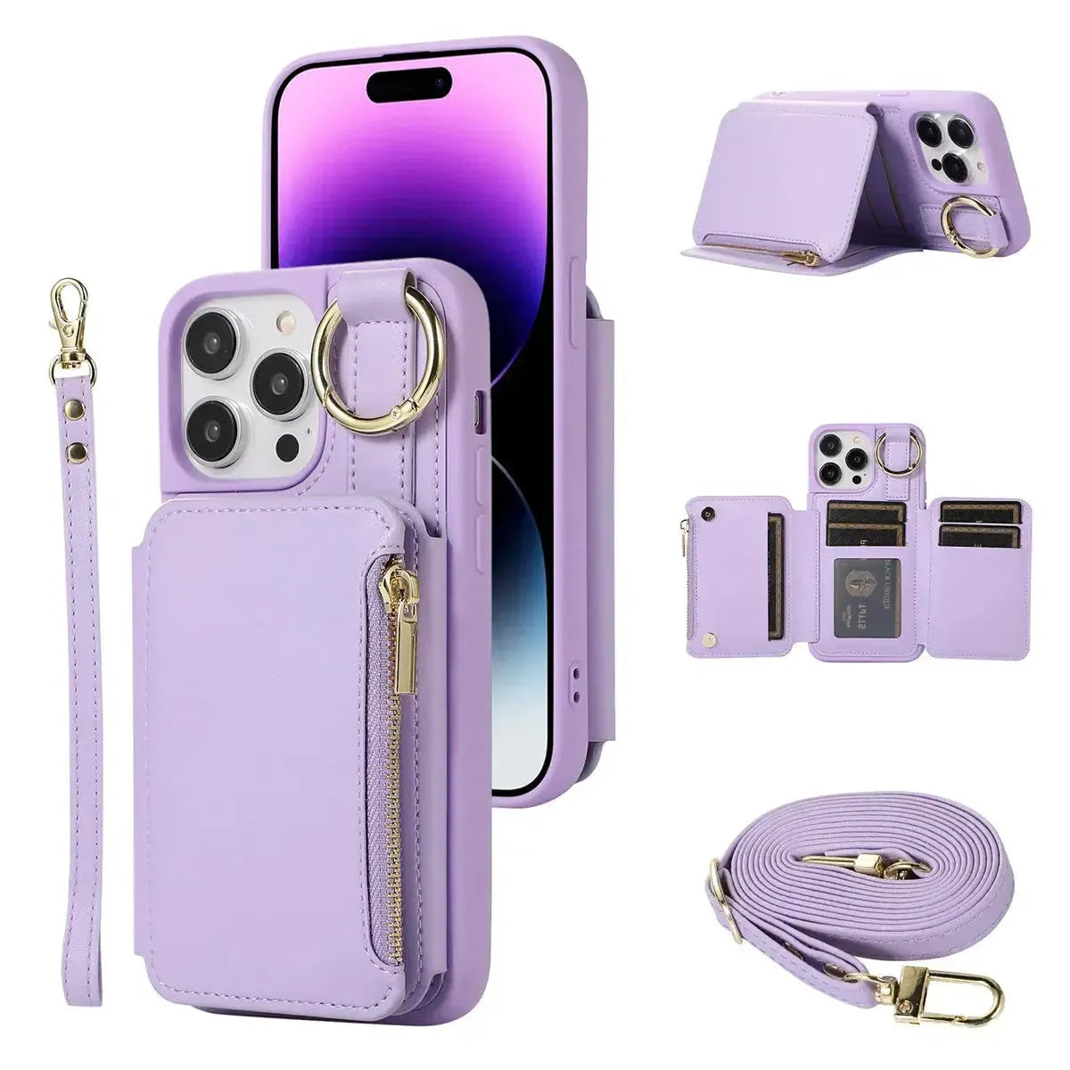 Buy Wallet Case with Wrist and Shoulder Strap Card Holder Ring Stand Flip Zipper Leather 6+ Slots RFID Blocking Phone Cover for iPhone,Charlotte at Caseles-iPhone 17 Pro Max, Charlotte-Purple