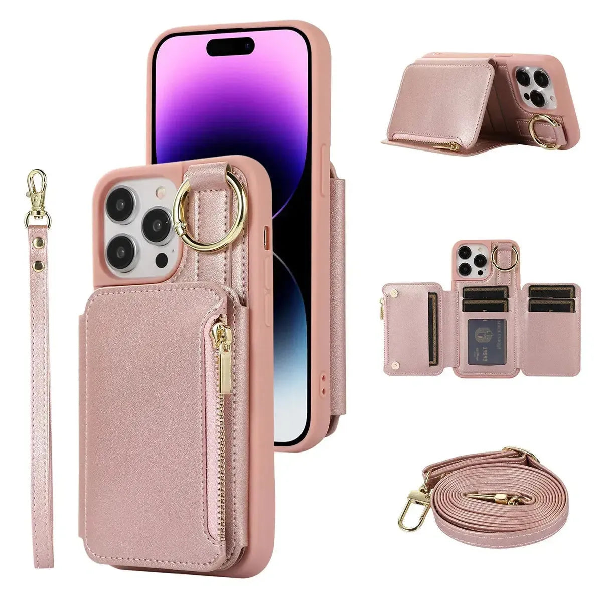 Buy Wallet Case with Wrist and Shoulder Strap Card Holder Ring Stand Flip Zipper Leather 6+ Slots RFID Blocking Phone Cover for iPhone,Charlotte at Caseles-iPhone 17 Pro Max, Charlotte-RoseGold