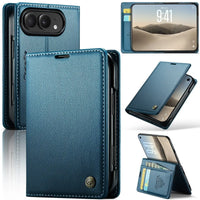 Buy Slim & Lightweight Flip Folio with 2 Card Slots, 1 Cash Slot, RFID Protection, Magnetic Closure & Wireless Charging Support for iPhone Duo - CLEO at Caseles-iPhone Duo, Blue