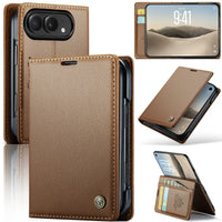 Buy Slim & Lightweight Flip Folio with 2 Card Slots, 1 Cash Slot, RFID Protection, Magnetic Closure & Wireless Charging Support for iPhone Duo - CLEO at Caseles-iPhone Duo, Brown