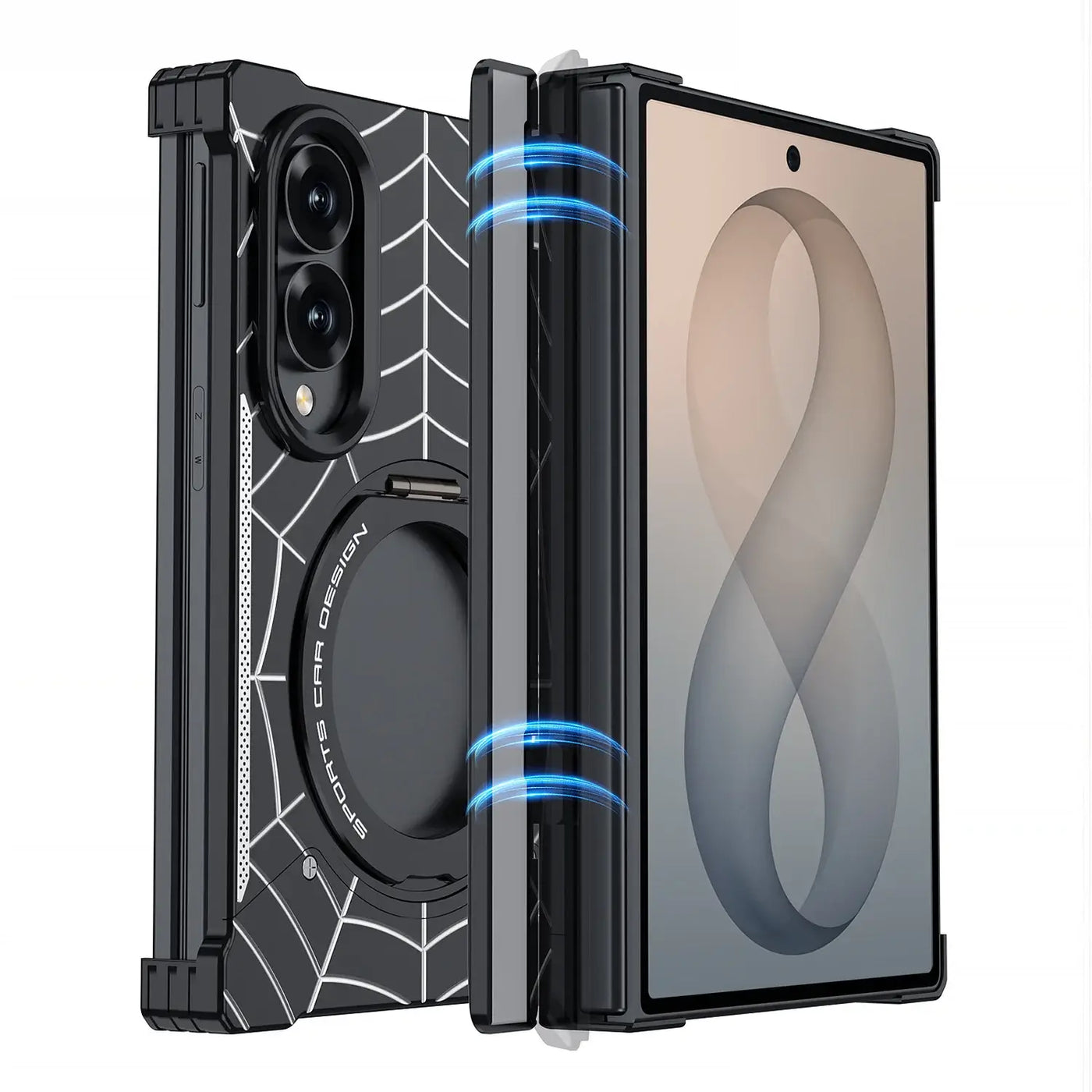 Buy Borderless Bare-Phone Feel Metal Case with Spider-Web Pattern, Rotating Magnetic Stand & Drop-Proof Protection - COB at Caseles-Samsung Galaxy Z Fold 8 Ultra, Black