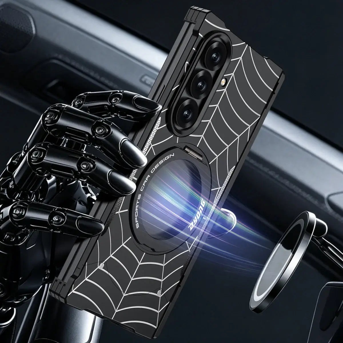 Buy Borderless Bare-Phone Feel Metal Case with Spider-Web Pattern, Rotating Magnetic Stand & Drop-Proof Protection - COB at Caseles-Samsung Galaxy Z Fold 8 Ultra, Black