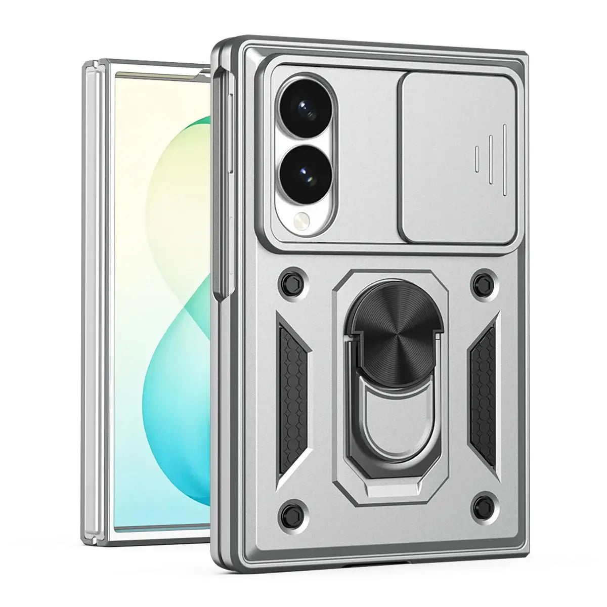 Buy Heavy Duty Case for Galaxy Z Fold, Sliding Camera Lens Cover & Ring Kickstand, Military Grade Shockproof Armor - Cole at Caseles-Samsung Galaxy Z Fold 8, Silver