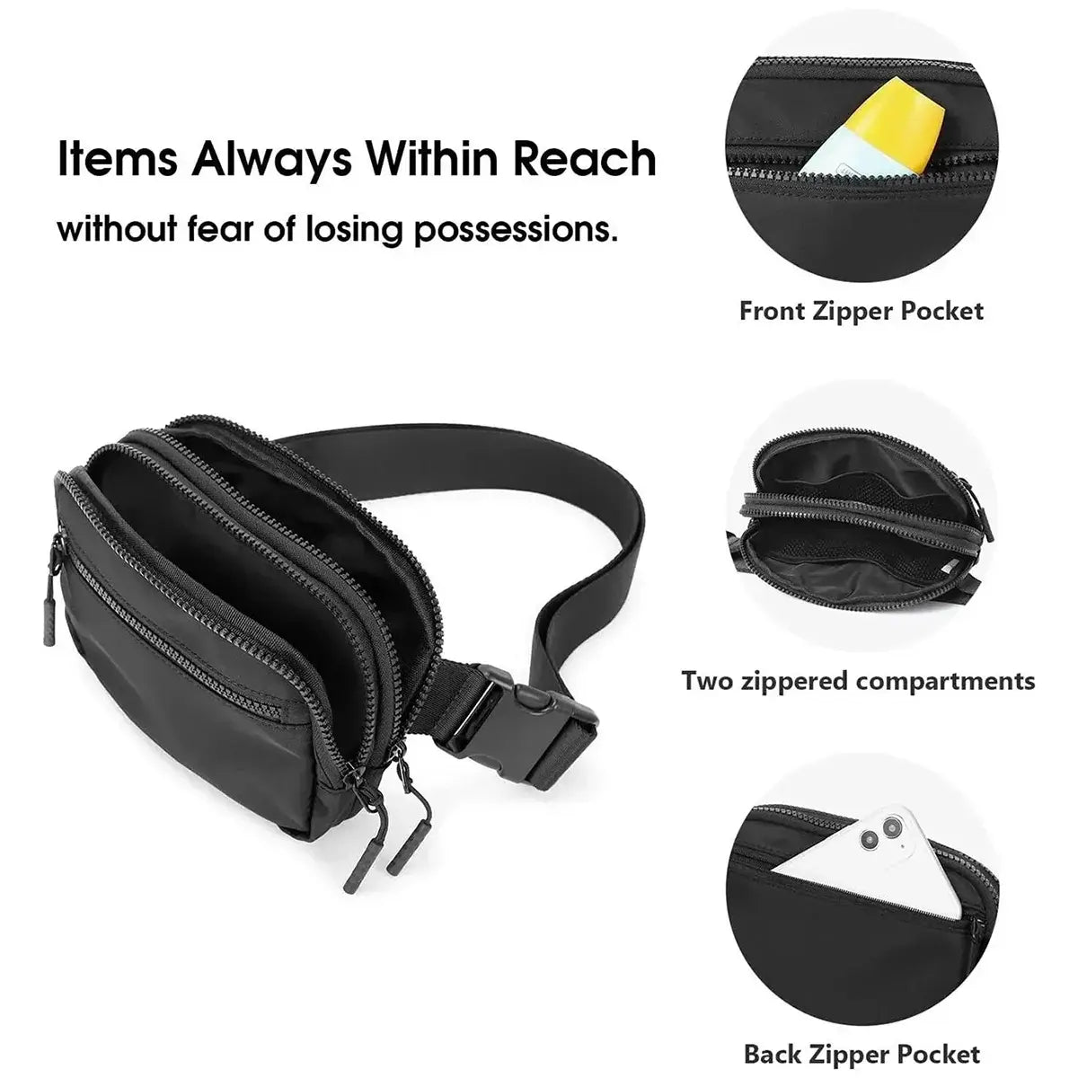 Buy 4-Pocket Fanny Packs: Lightweight Belt Bag & Crossbody Waist Pack for Travel & Sport - CROSSBODY BELT BAG at Caseles-Black, 