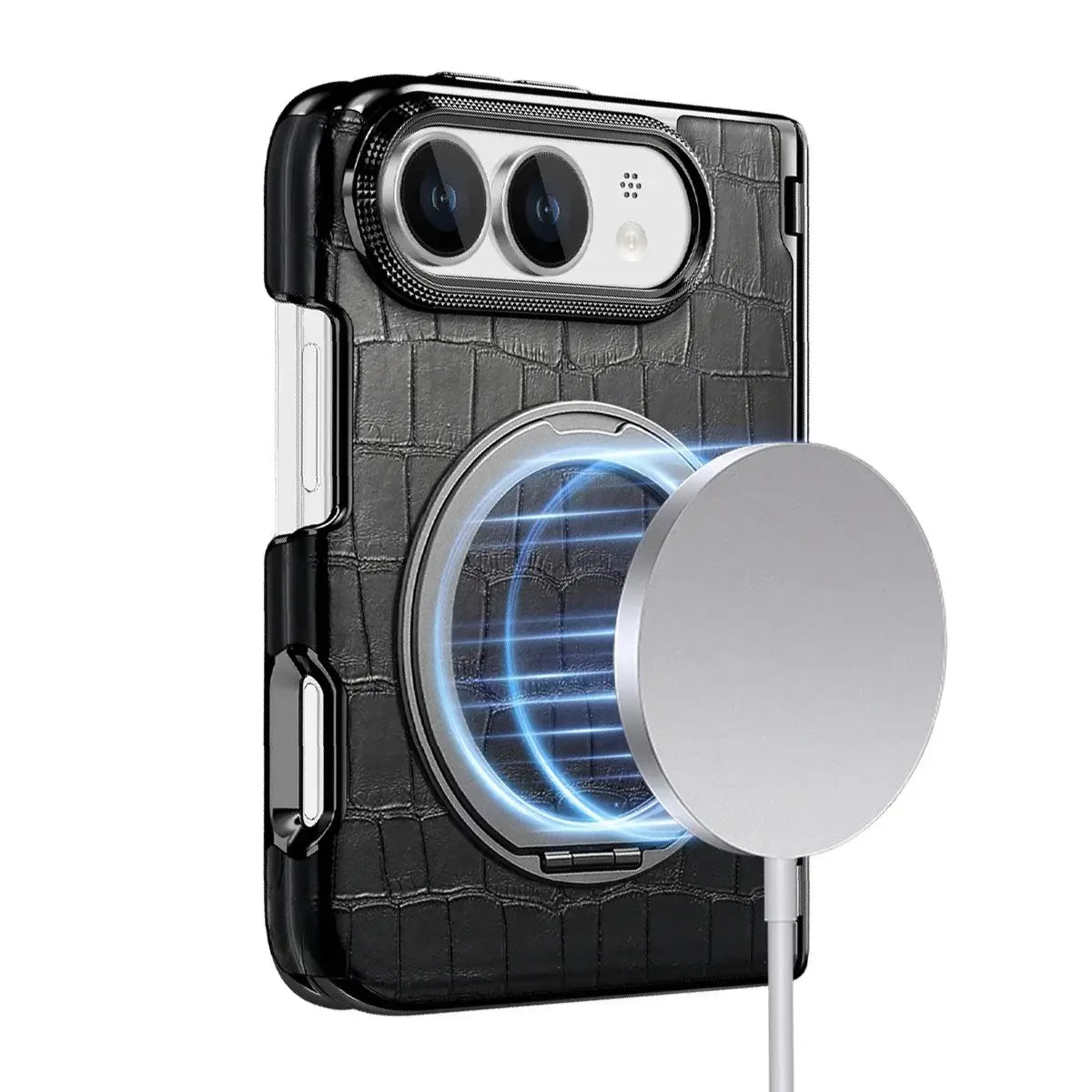Buy Magnetic 360° Rotating Click Ring Stand Case with Dual-Axis Hinge Protection & Premium Vegan Leather - ORBIS at Caseles-iPhone Ultra, Blue