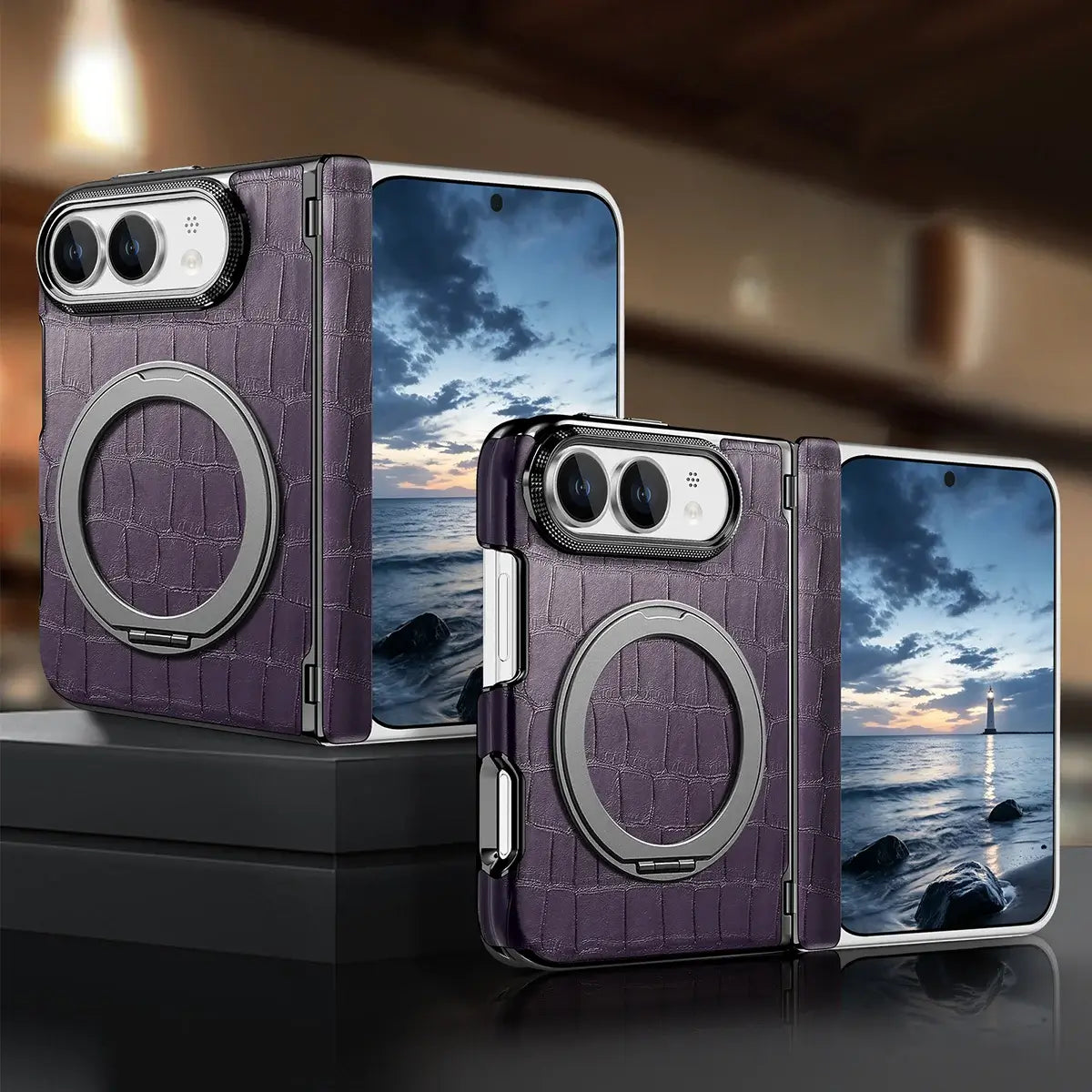 Buy Magnetic 360° Rotating Click Ring Stand Case with Dual-Axis Hinge Protection & Premium Vegan Leather - ORBIS at Caseles-iPhone Ultra, Blue