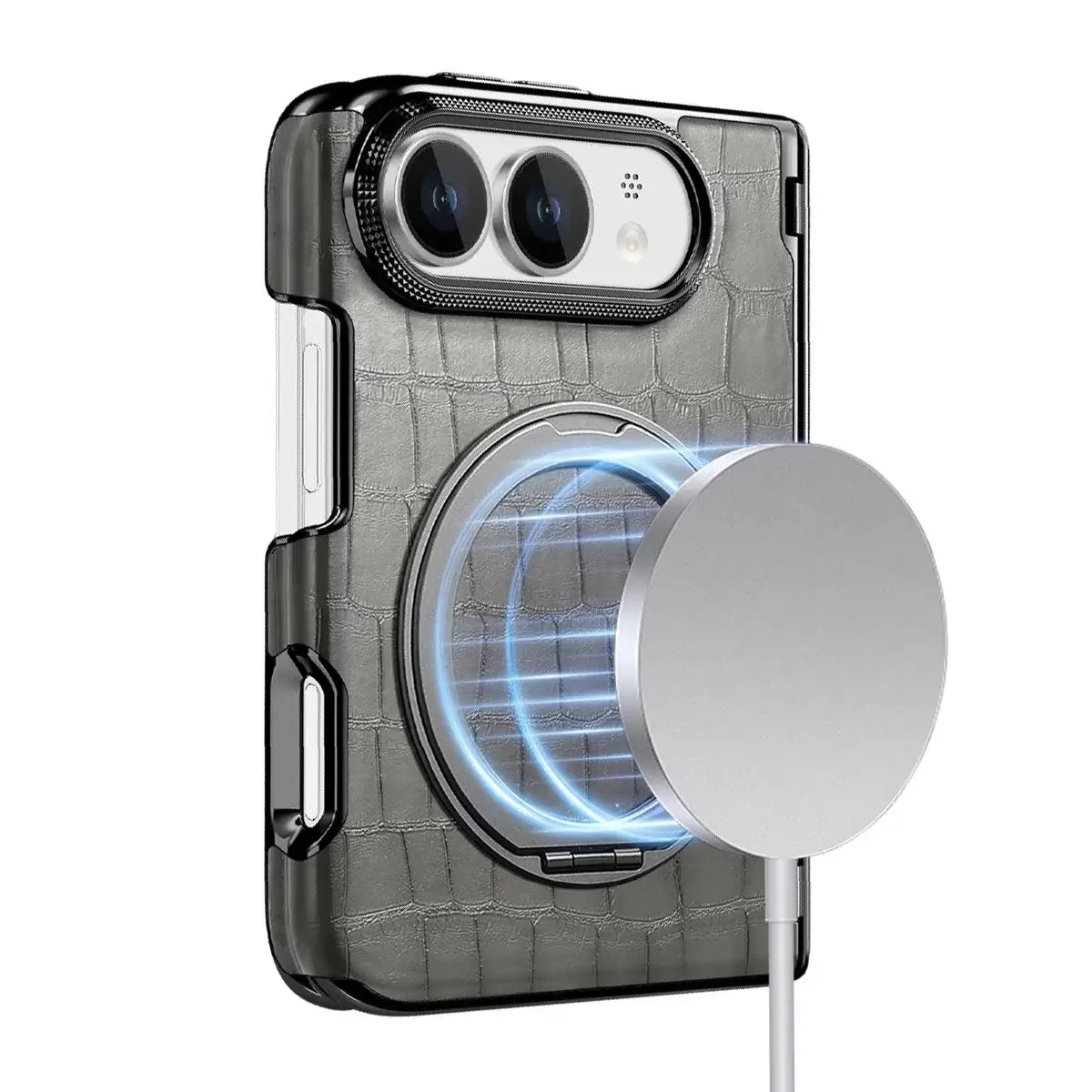 Buy Magnetic 360° Rotating Click Ring Stand Case with Dual-Axis Hinge Protection & Premium Vegan Leather - ORBIS at Caseles-iPhone Ultra, Blue