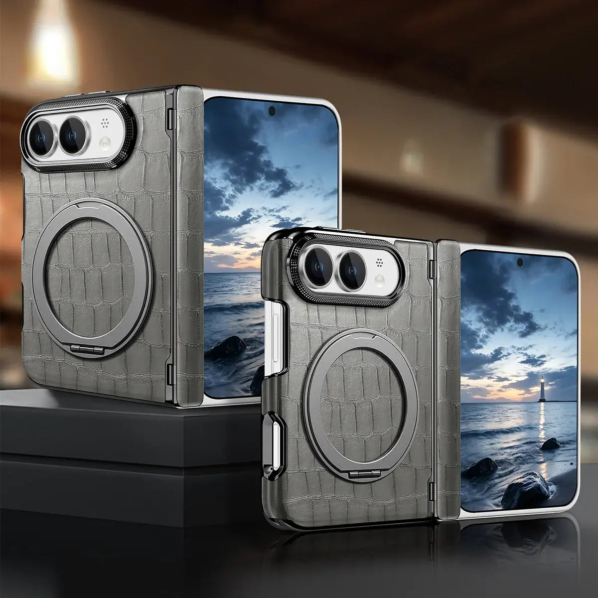 Buy Magnetic 360° Rotating Click Ring Stand Case with Dual-Axis Hinge Protection & Premium Vegan Leather - ORBIS at Caseles-iPhone Ultra, Blue
