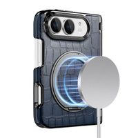 Buy Magnetic 360° Rotating Click Ring Stand Case with Dual-Axis Hinge Protection & Premium Vegan Leather - ORBIS at Caseles-iPhone Ultra, Blue