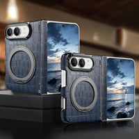 Buy Magnetic 360° Rotating Click Ring Stand Case with Dual-Axis Hinge Protection & Premium Vegan Leather - ORBIS at Caseles-iPhone Ultra, Blue