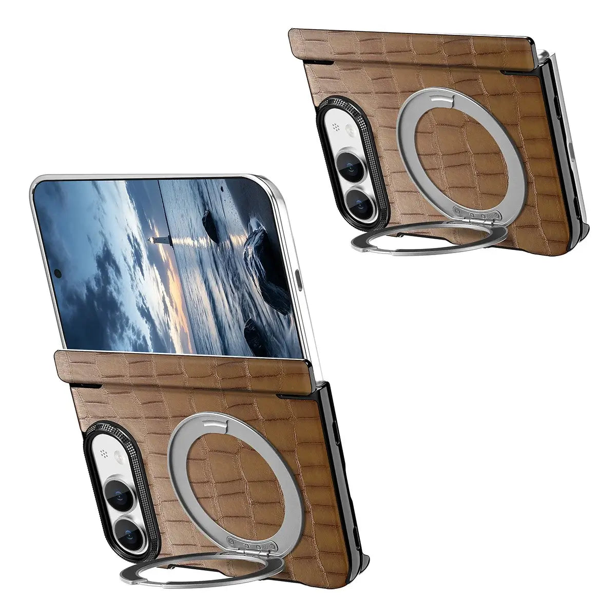 Buy Magnetic 360° Rotating Click Ring Stand Case with Dual-Axis Hinge Protection & Premium Vegan Leather - ORBIS at Caseles-iPhone Ultra, Blue