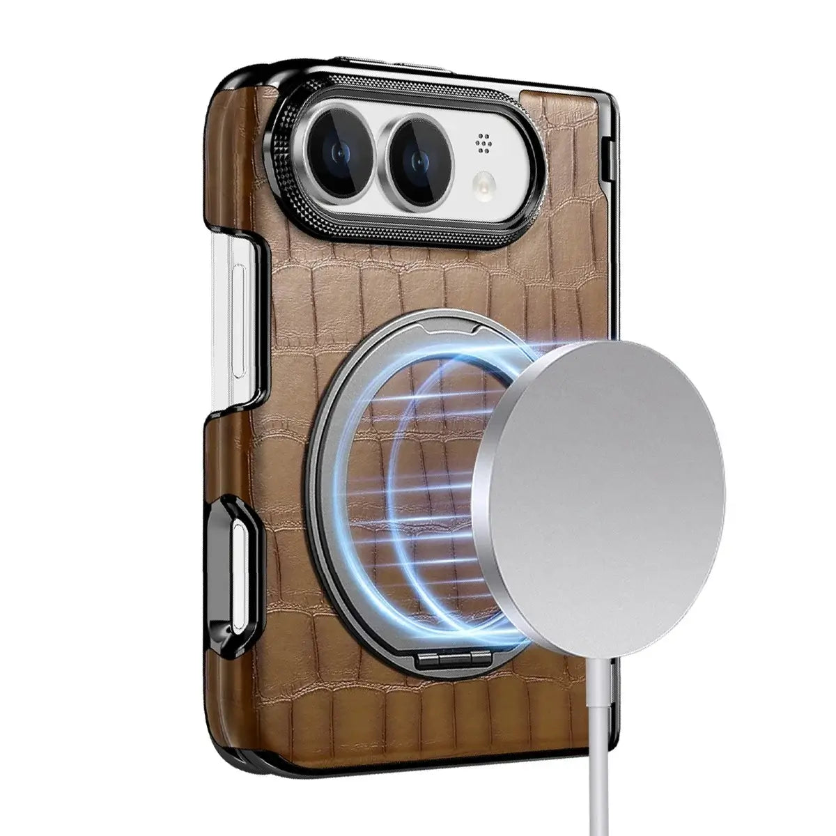 Buy Magnetic 360° Rotating Click Ring Stand Case with Dual-Axis Hinge Protection & Premium Vegan Leather - ORBIS at Caseles-iPhone Ultra, Blue