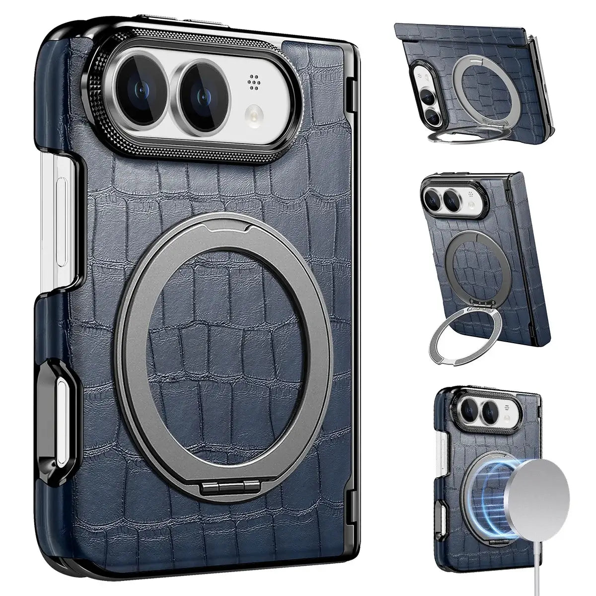 Buy Magnetic 360° Rotating Click Ring Stand Case with Dual-Axis Hinge Protection & Premium Vegan Leather - ORBIS at Caseles-iPhone Ultra, Blue