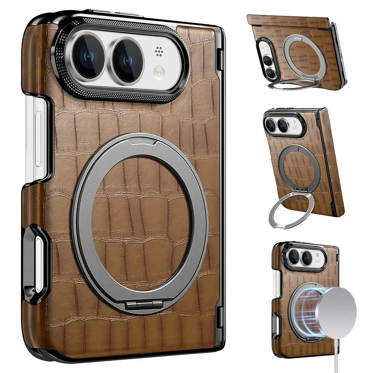 Buy Magnetic 360° Rotating Click Ring Stand Case with Dual-Axis Hinge Protection & Premium Vegan Leather - ORBIS at Caseles-iPhone Ultra, Brown