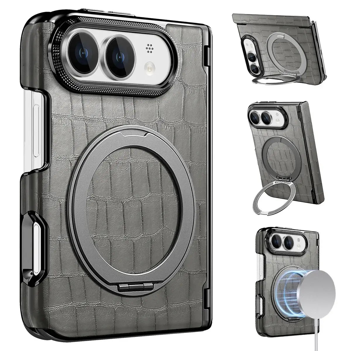 Buy Magnetic 360° Rotating Click Ring Stand Case with Dual-Axis Hinge Protection & Premium Vegan Leather - ORBIS at Caseles-iPhone Ultra, Gray