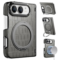 Buy Magnetic 360° Rotating Click Ring Stand Case with Dual-Axis Hinge Protection & Premium Vegan Leather - ORBIS at Caseles-iPhone Ultra, Gray