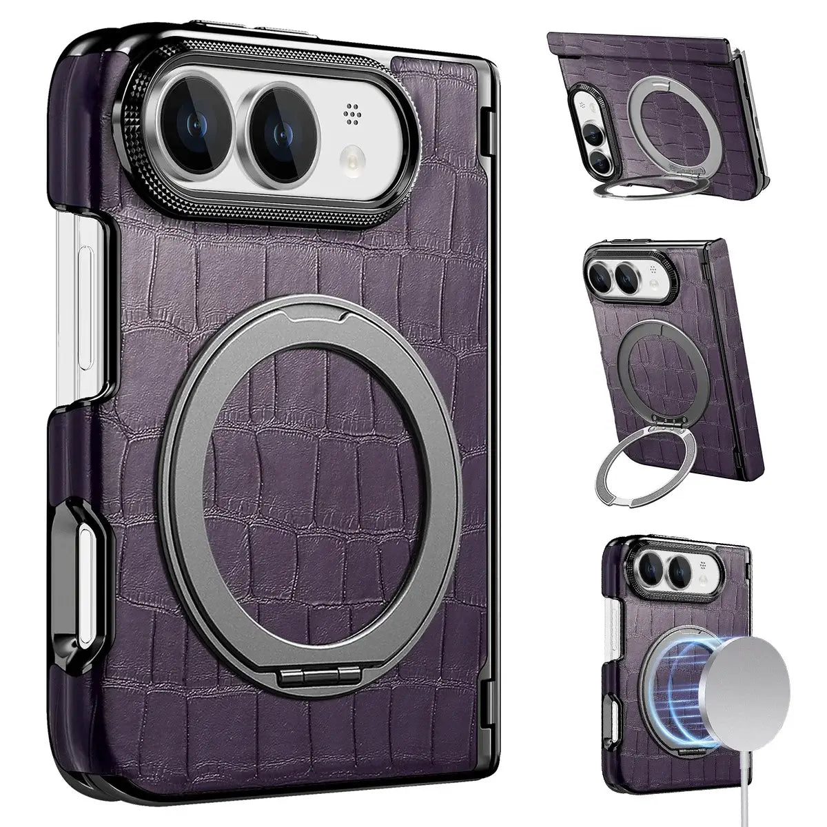 Buy Magnetic 360° Rotating Click Ring Stand Case with Dual-Axis Hinge Protection & Premium Vegan Leather - ORBIS at Caseles-iPhone Ultra, Purple