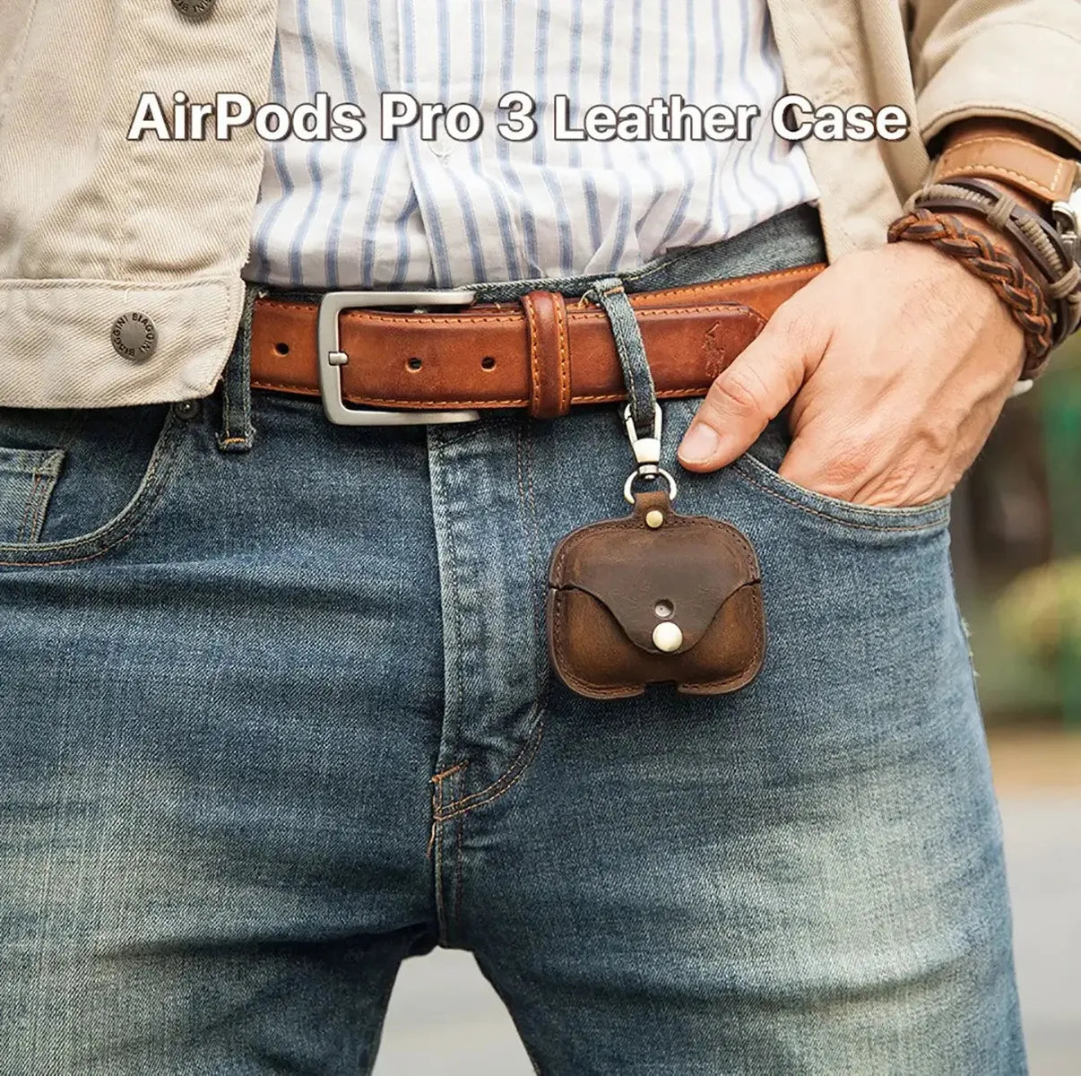 Buy AirPods Pro 3rd Gen protective case genuine leather portable Apple third Pro generation Bluetooth headphone case at Caseles-Brown, 