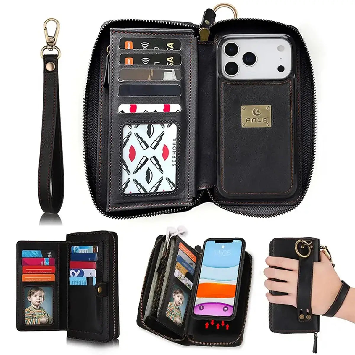 Buy Multi Functional Wallet Phone Case, 14 Card Slots 3 Purse 1 Zipper 1 Wrist Band 1 Metal Buckle, Wrist Strap Clutch Magnetic Detachable,Darell at Caseles-iPhone 17 Pro Max, Darell-Black