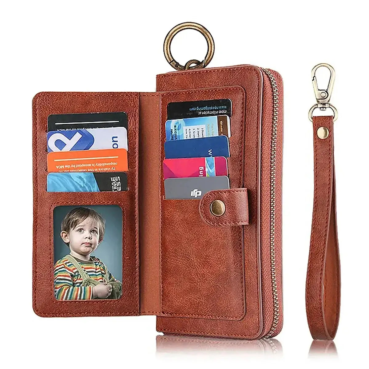 Buy Multi Functional Wallet Phone Case, 14 Card Slots 3 Purse 1 Zipper 1 Wrist Band 1 Metal Buckle, Wrist Strap Clutch Magnetic Detachable,Darell at Caseles-iPhone 17 Pro Max, Darell-Brown