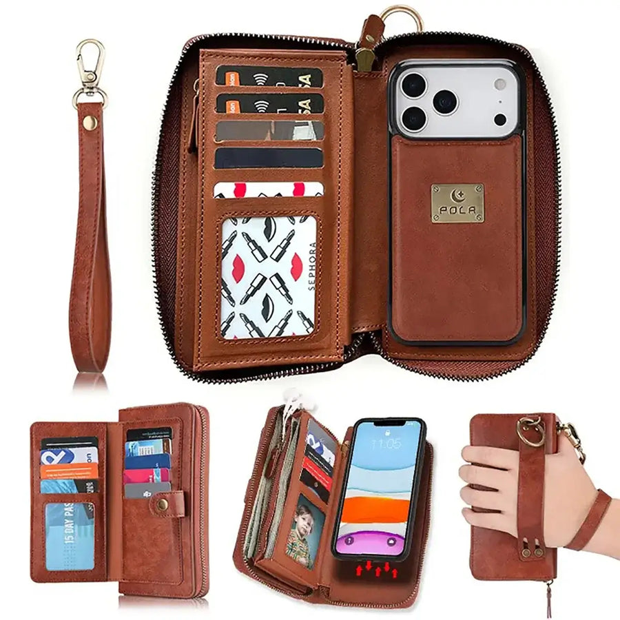 Buy Multi Functional Wallet Phone Case, 14 Card Slots 3 Purse 1 Zipper 1 Wrist Band 1 Metal Buckle, Wrist Strap Clutch Magnetic Detachable,Darell at Caseles-iPhone 17 Pro Max, Darell-Brown