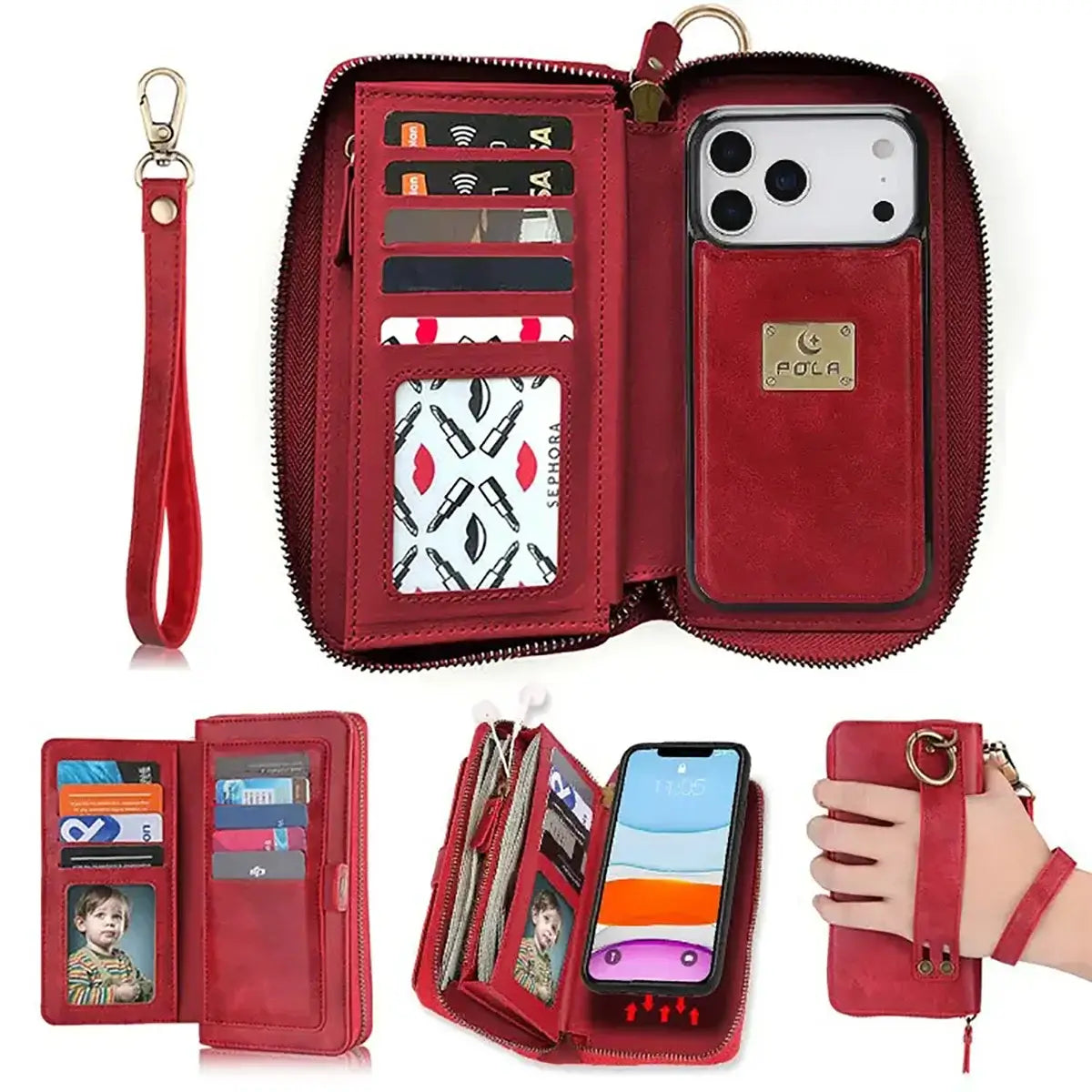 Buy Multi Functional Wallet Phone Case, 14 Card Slots 3 Purse 1 Zipper 1 Wrist Band 1 Metal Buckle, Wrist Strap Clutch Magnetic Detachable,Darell at Caseles-iPhone 17 Pro Max, Darell-Red