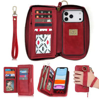 Buy Multi Functional Wallet Phone Case, 14 Card Slots 3 Purse 1 Zipper 1 Wrist Band 1 Metal Buckle, Wrist Strap Clutch Magnetic Detachable,Darell at Caseles-iPhone 17 Pro Max, Darell-Red