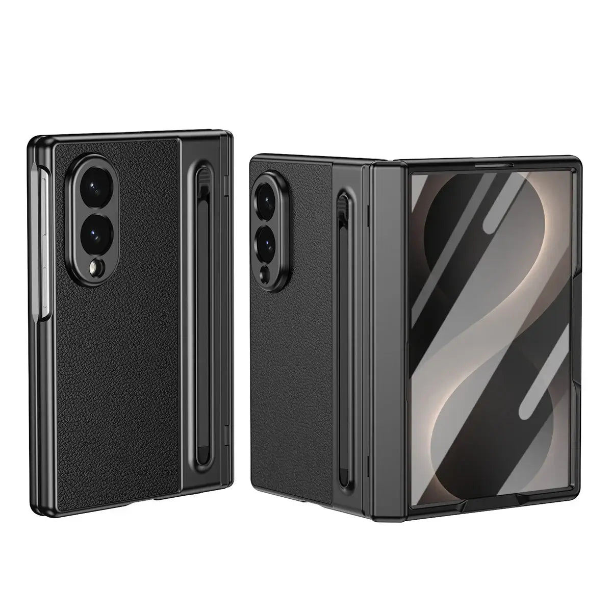 Buy Slim PU Leather Case with Built-In S-Pen Holder, Free Stylus Included, Hinge Protection & Tempered Glass - DEVON at Caseles-Samsung Galaxy Z Fold 8, Black
