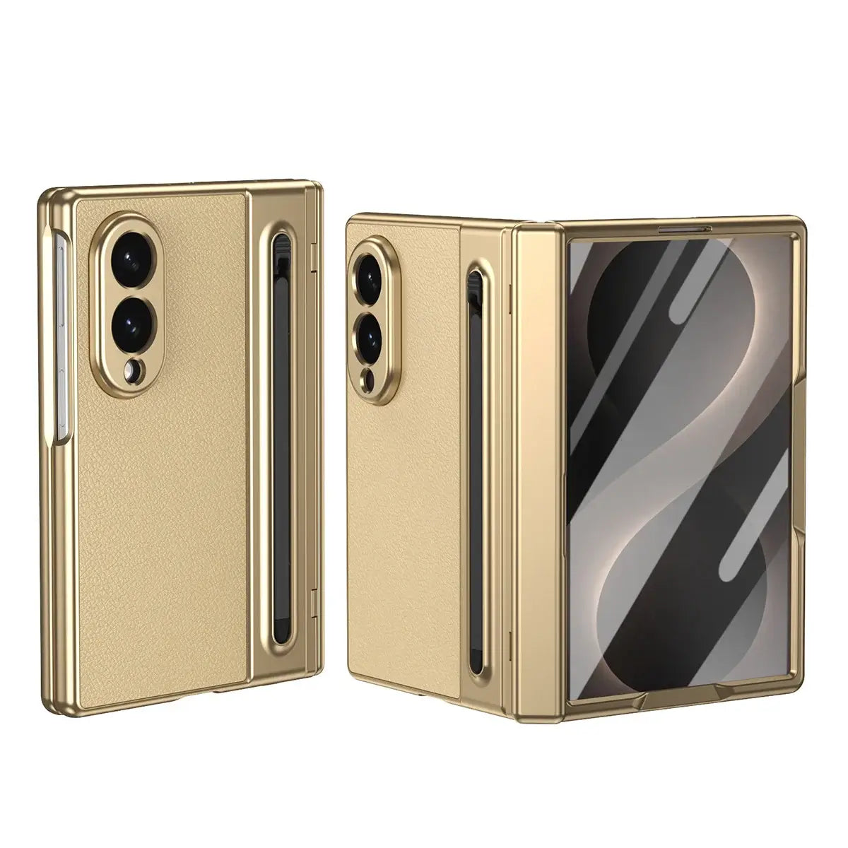 Buy Slim PU Leather Case with Built-In S-Pen Holder, Free Stylus Included, Hinge Protection & Tempered Glass - DEVON at Caseles-Samsung Galaxy Z Fold 8, Gold