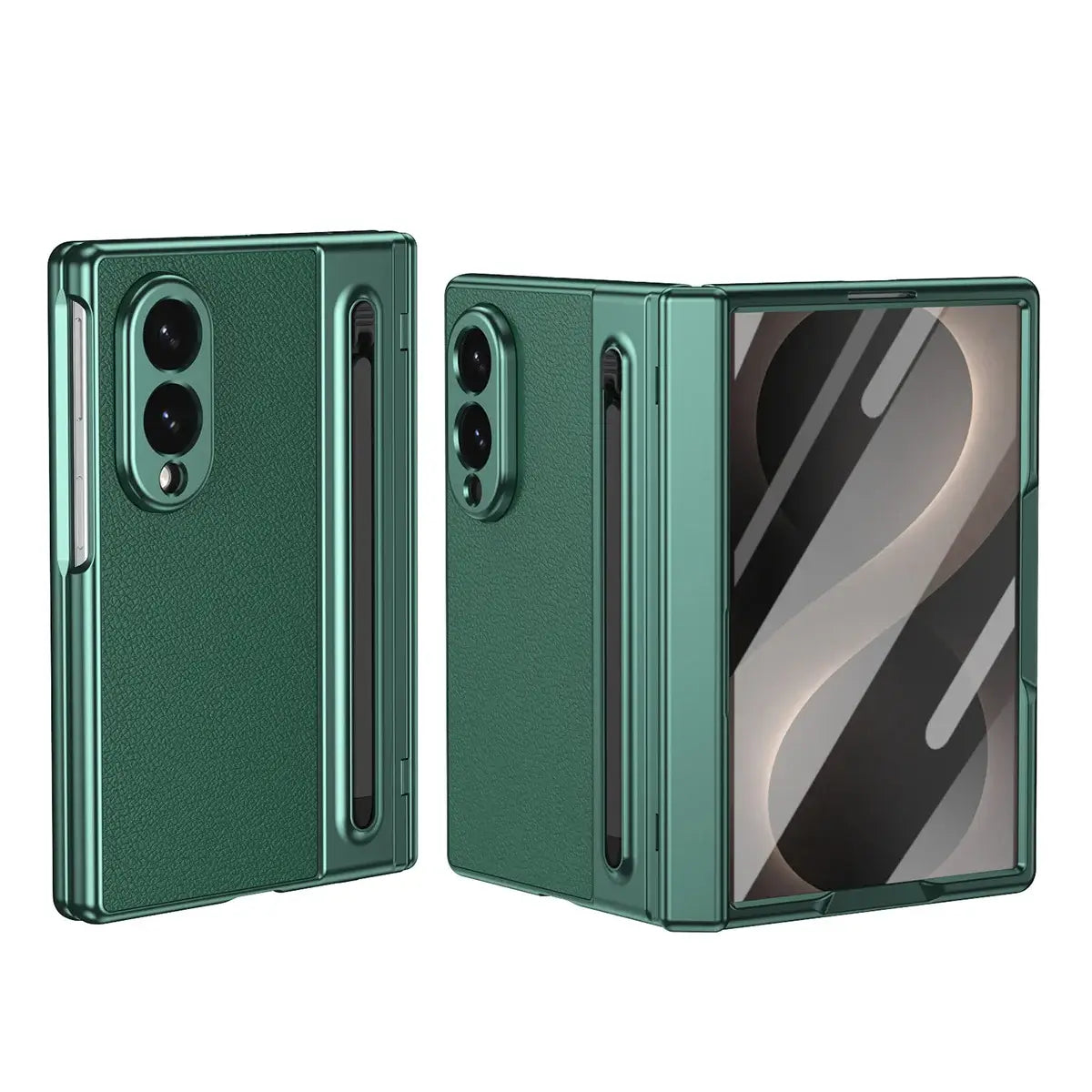 Buy Slim PU Leather Case with Built-In S-Pen Holder, Free Stylus Included, Hinge Protection & Tempered Glass - DEVON at Caseles-Samsung Galaxy Z Fold 8, Green