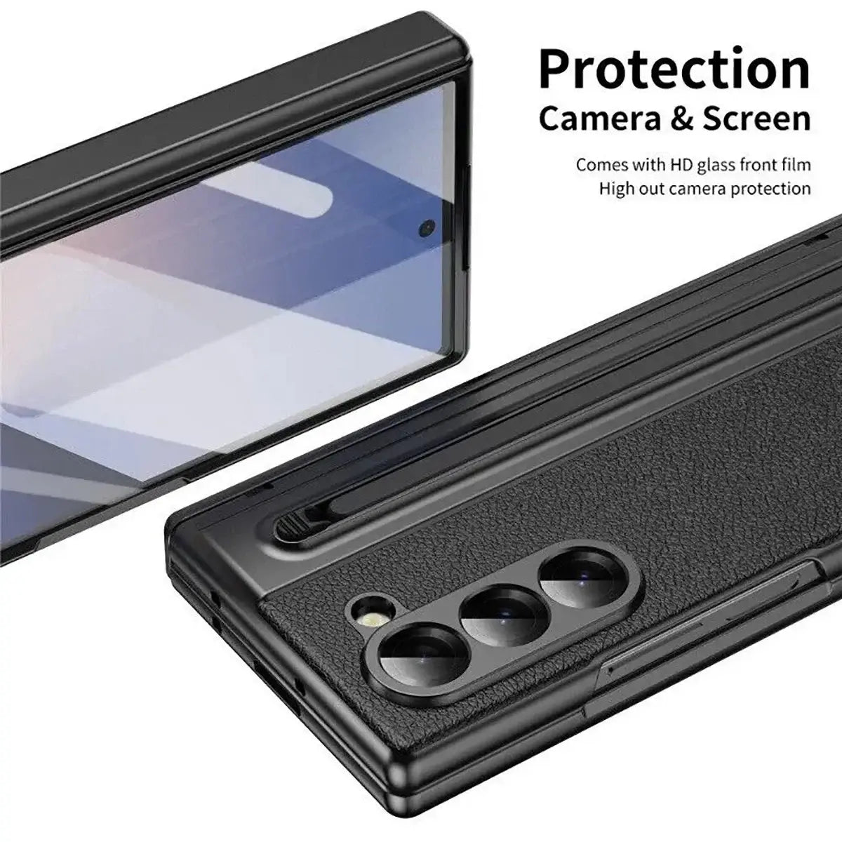 Buy Slim PU Leather Case with Built-In S-Pen Holder, Free Stylus Included, Hinge Protection & Tempered Glass - DEVON at Caseles-Samsung Galaxy Z Fold 8 Ultra, Gold