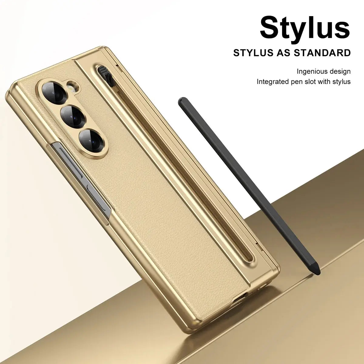 Buy Slim PU Leather Case with Built-In S-Pen Holder, Free Stylus Included, Hinge Protection & Tempered Glass - DEVON at Caseles-Samsung Galaxy Z Fold 8 Ultra, Gold