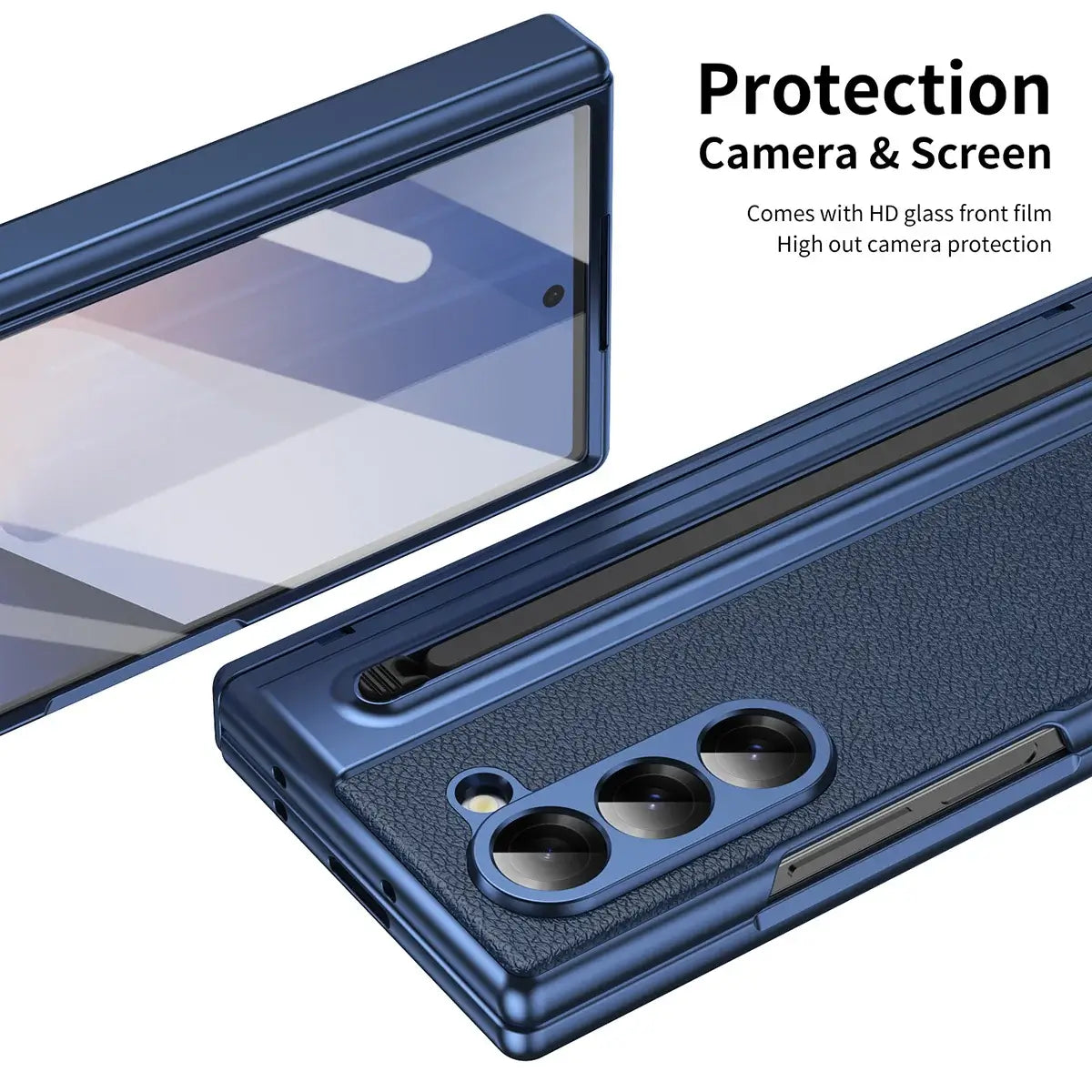 Buy Slim PU Leather Case with Built-In S-Pen Holder, Free Stylus Included, Hinge Protection & Tempered Glass - DEVON at Caseles-Samsung Galaxy Z Fold 8 Ultra, Gold