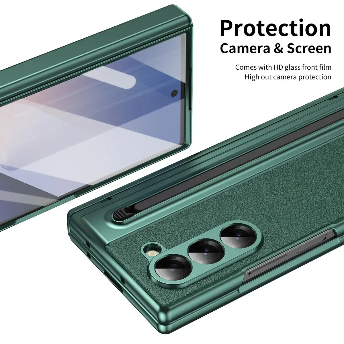 Buy Slim PU Leather Case with Built-In S-Pen Holder, Free Stylus Included, Hinge Protection & Tempered Glass - DEVON at Caseles-Samsung Galaxy Z Fold 8 Ultra, Gold