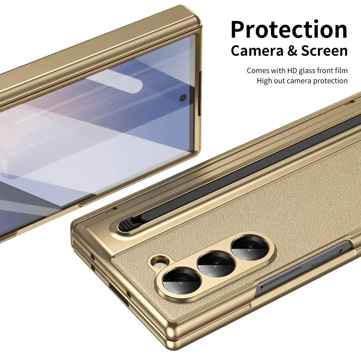Buy Slim PU Leather Case with Built-In S-Pen Holder, Free Stylus Included, Hinge Protection & Tempered Glass - DEVON at Caseles-Samsung Galaxy Z Fold 8 Ultra, Gold