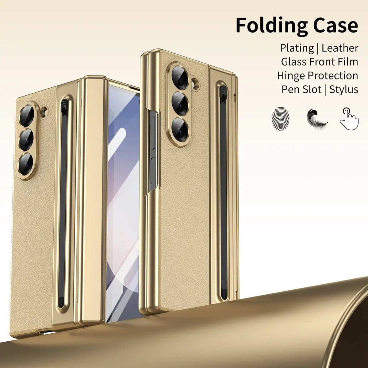 Buy Slim PU Leather Case with Built-In S-Pen Holder, Free Stylus Included, Hinge Protection & Tempered Glass - DEVON at Caseles-Samsung Galaxy Z Fold 8 Ultra, Gold