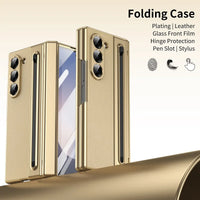 Buy Slim PU Leather Case with Built-In S-Pen Holder, Free Stylus Included, Hinge Protection & Tempered Glass - DEVON at Caseles-Samsung Galaxy Z Fold 8 Ultra, Gold