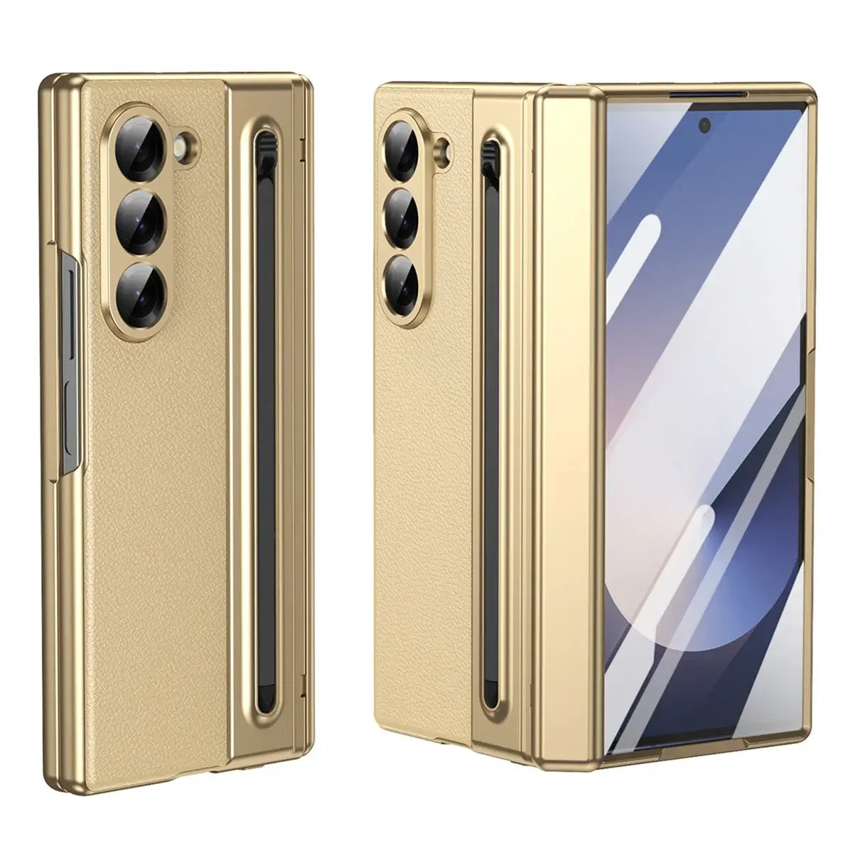 Buy Slim PU Leather Case with Built-In S-Pen Holder, Free Stylus Included, Hinge Protection & Tempered Glass - DEVON at Caseles-Samsung Galaxy Z Fold 8 Ultra, Gold